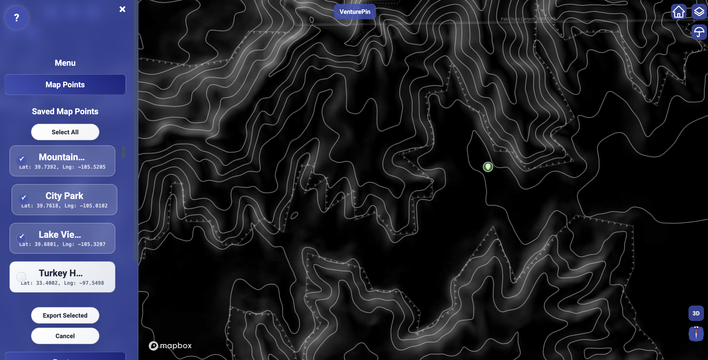 VenturePin Web App Map Point Export